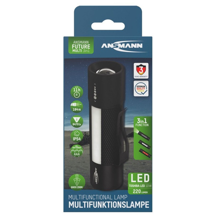 Lanterna, Ansmann, Future Multi 3 in 1, neagra, 3xAAA, 220 lumeni, focalizare reglabila, lumina de semnalizare intermitenta, magnet incorporat, suprafata antiderapanta, timp de iluminare 11 ore, raza de actiune a fasciculului 184 m, material carcasa