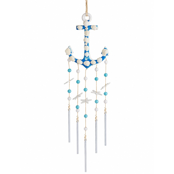 Clopotei de Vant ZANOX® Ceramici cu Ancora, Scoici si Margele Albe, Decor Suspendabil, 50cm
