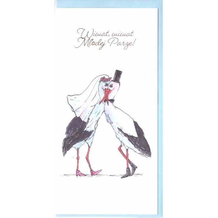 Felicitare de nunta/karnet Henry Bociany, cu ilustratie cu berze, format 11,5×22,5 cm, cu folie, Multicolor