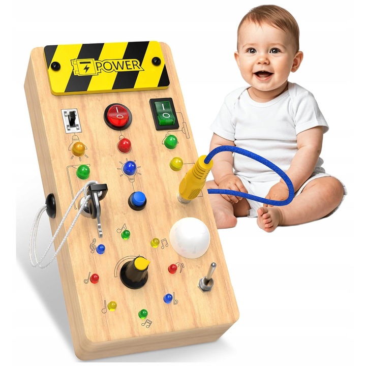 Tabla educativa Montessori cu LED si intrerupatoare, joc senzorial pentru copii, 3 ani+