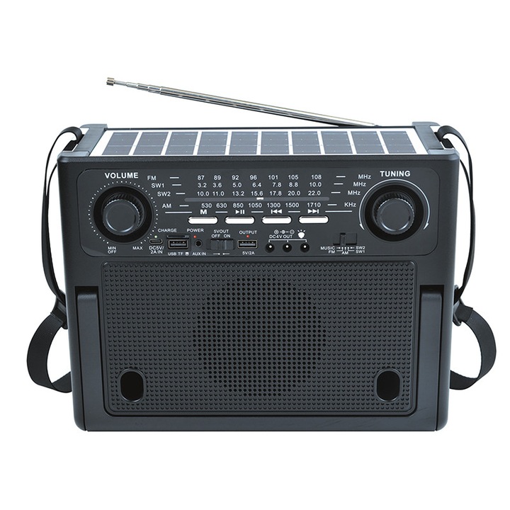 Radio portabil si boxa Bluetooth Elworld FP610S – radio AM/FM/SW1/SW2 cu 4 benzi, reincarcare USB-C, suport USB/TF/AUX, echipat cu doua lanterne LED pentru camping, incarcare solara