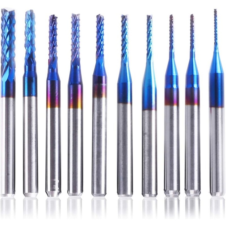 10 db CNC maró/vágó készlet Nano Blue Coat keményfémből, 0.8-3.0 mm átmérő (0.8/1.0/1.2/1.4/1.6/1.8/2.0/2.2/2.4/3.0), ultrafinom szemcsézet, edzett acél, kék