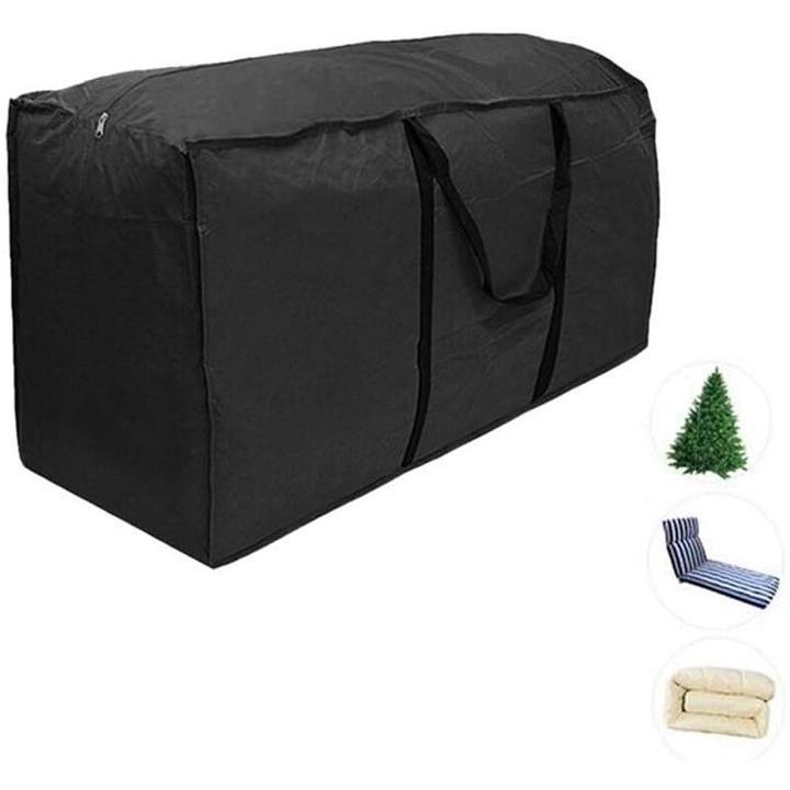 Kültéri párnatároló táska (tárolózsák), 210D Oxford vízálló poliészter, cipzárral és fogantyúkkal, Fekete, 116x47x51 cm