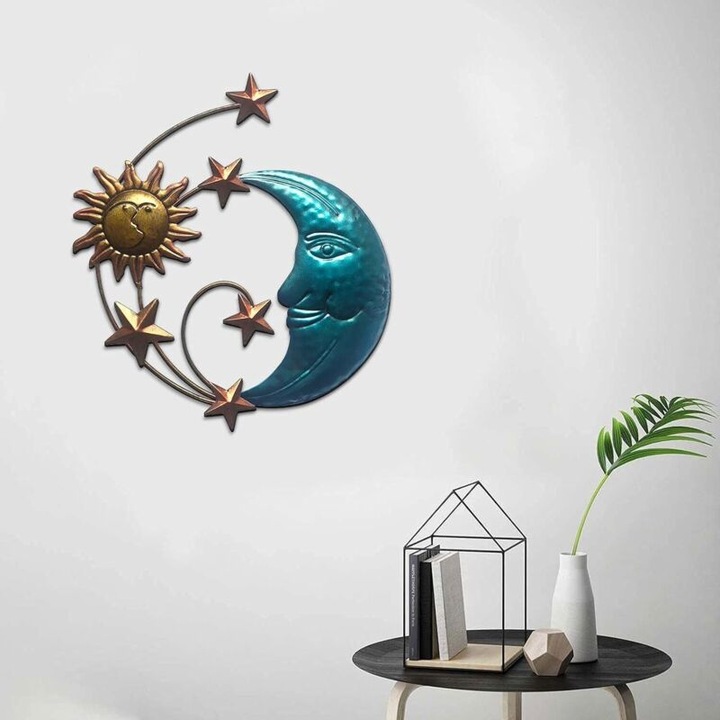 Decoratiune de perete, sculptura metalica Soare si Luna din fier forjat, 3D, rezistenta la intemperii, pentru interior si exterior, auriu/bronz, 30 x 32 x 2 cm