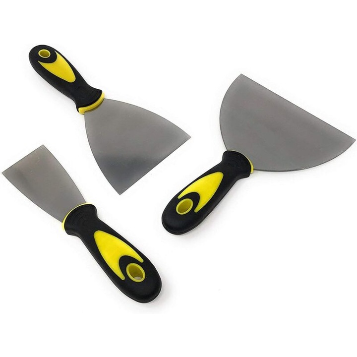 Set 3 spatule/gletiere pentru gletuit, otel inoxidabil, maner cauciucat, negru/galben, 127/100/50 mm