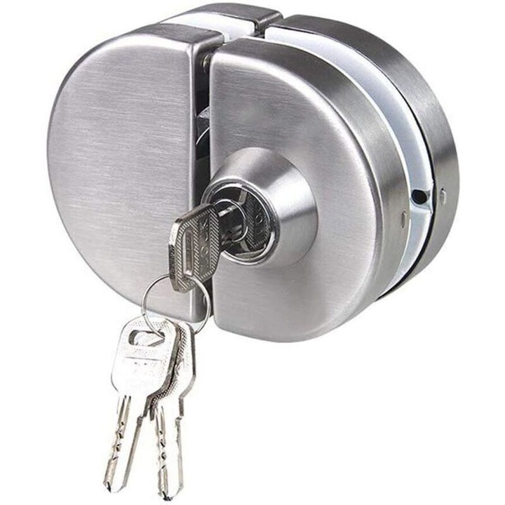 Yala/incuietoare dubla pentru usi din sticla din otel inoxidabil 304, montaj fara gaurire, pentru sticla 10-12 mm, miez din cupru solid, 3 chei incluse, argintiu satinat, 1 buc