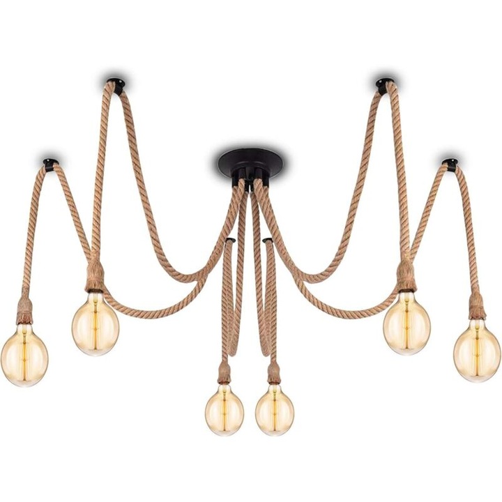 Candelabru industrial retro 6 becuri, cablu textil canepa, negru, 2x2m