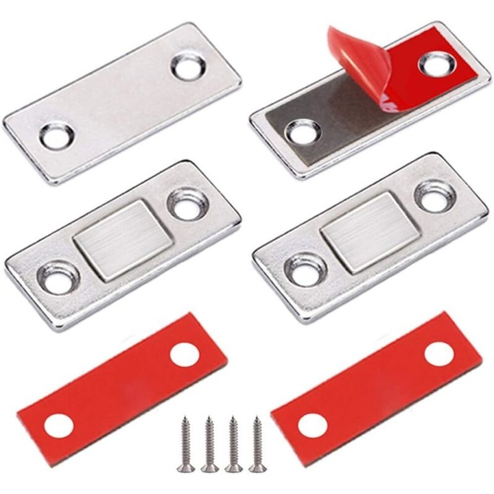 Inchizator magnetic pentru mobila, subtire 4.5 mm, forta 2 kg, metal rezistent la umezeala, fixare fara gaurire (benzi adezive incluse), argintiu, 2 buc