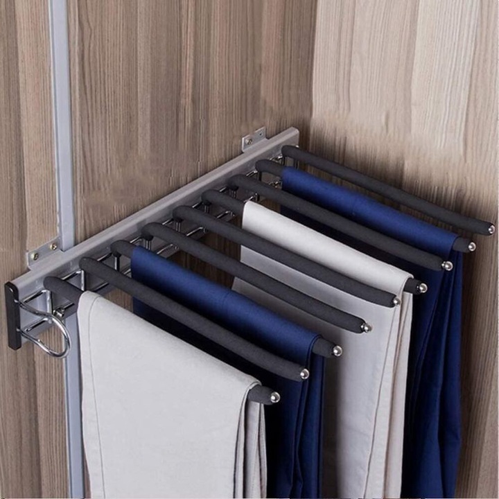 Suport pantaloni telescopic / umeras pentru pantaloni, cu 9 brate glisante, anti-alunecare (flocking), capacitate pana la 75 kg, din aluminiu si otel inoxidabil, argintiu/gri, 1 buc