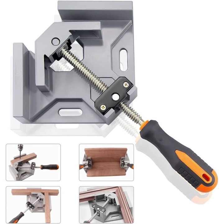 Menghina unghiulara 90° din aluminiu, clema colt pentru lemn si metal, capacitate strangere 70 mm, latime falci 9,5 cm, montare pe banc, Multicolor