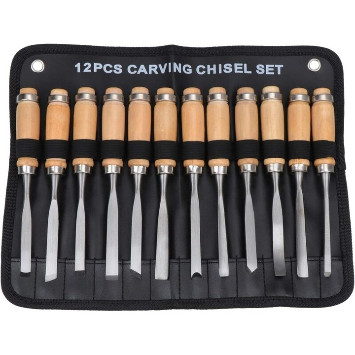 Set dalti pentru lemn 12 piese, manere din lemn lustruit, otel calit, husa tip rola din piele, natural/negru