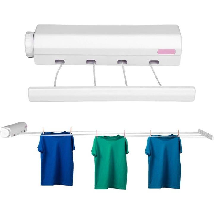 Uscator rufe perete, 5 linii retractabile, 3.75m, alb, 8kg capacitate