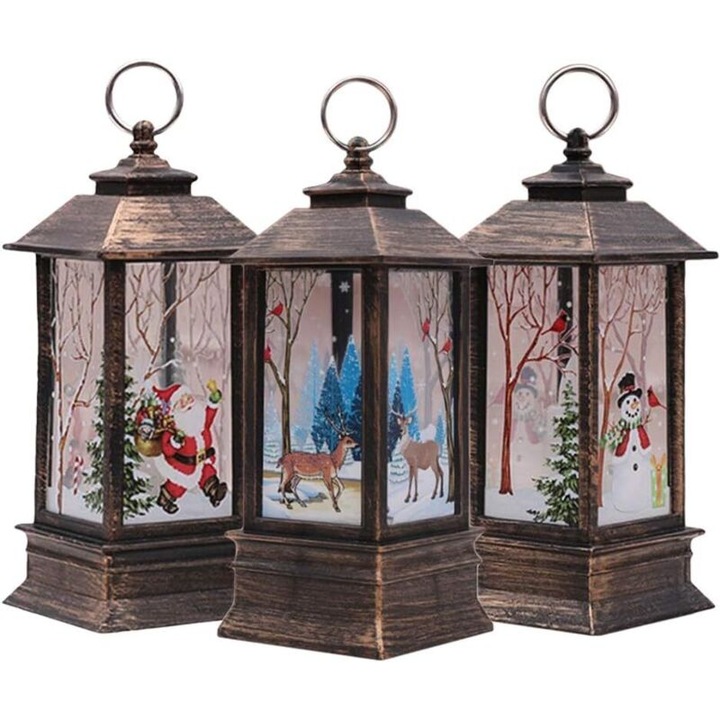 Set 3 decoratiuni Craciun vintage LED, Mos Craciun, Om de zapada, Cerb, 5.5x5.5x13cm