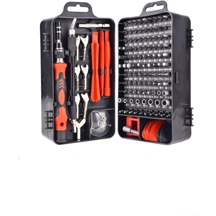 Set surubelnite mini magnetic 135 piese, otel S2, rosu, 17.5x10.5x6cm