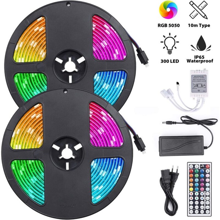 Banda LED RGB 10m 300 LED-uri 5050 multicolor cu telecomanda 12V