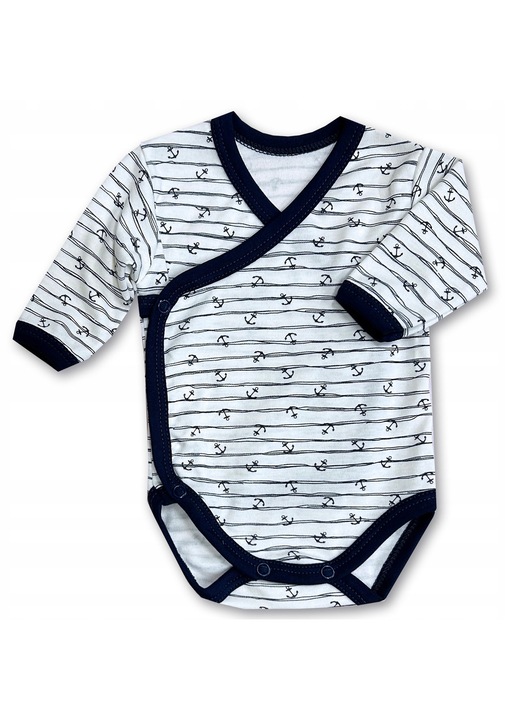 Body pentru copii Dartomik, tip plic, maneca lunga, bumbac, ancore, alb/bleumarin, 62 CM