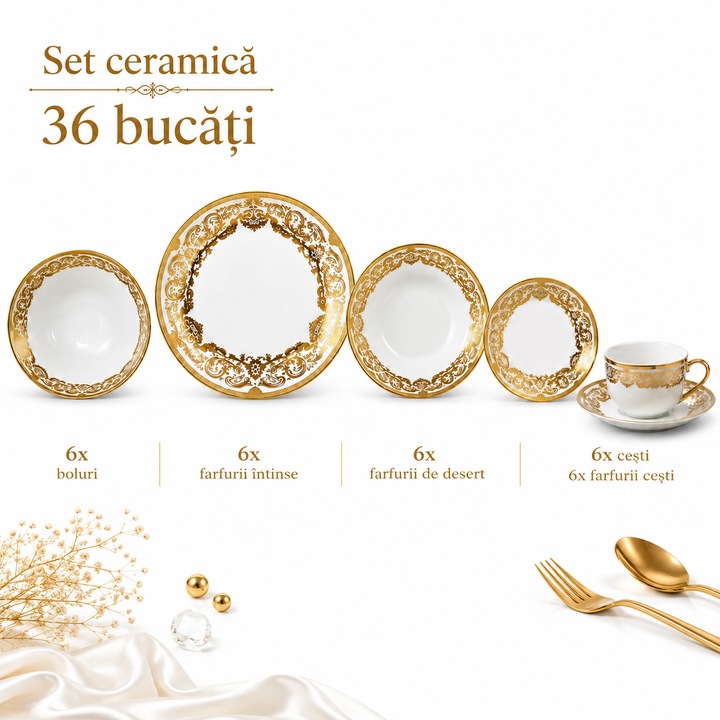 Set vesela ceramica 36 piese, farfurii masa si cesti, alb cu model auriu luxury, pentru 6 persoane, design elegant premium