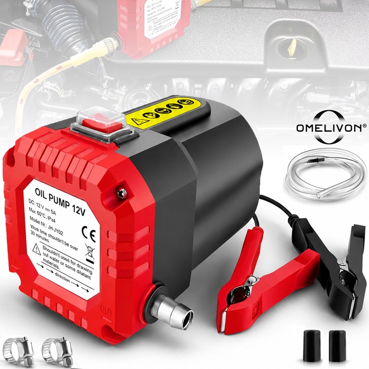 Omelivon® elektromos olaj- és dízelátfejtő szivattyú, 12V 60W elektromos olajátfejtő és szívószivattyú, tömlőkkel, Dízel vagy fűtőolaj: kb. 5,0 l/perc, Motorolaj (40-60 Celsius fok): kb. 1 l/perc, Fekete