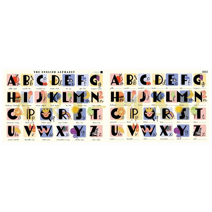 Art-Map The English Alphabet laminált oktatótábla A2, illusztrációkkal, betűtanuláshoz, többszínű, 420×599 mm