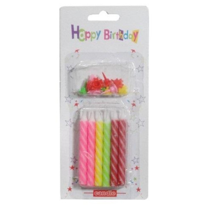 Lumanari de tort / lumanari de aniversare SWEDE colorate, spiralate, cu suporturi, multicolor, 12 buc, 9 cm