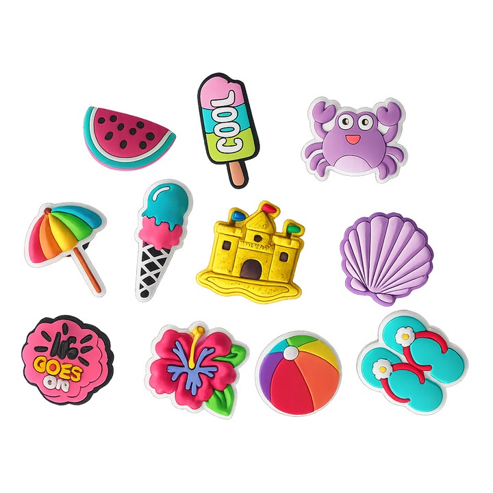 Set 11 accesorii saboti, Crocs, tip Jibbitz, Vis de Vara, model 3, multicolor