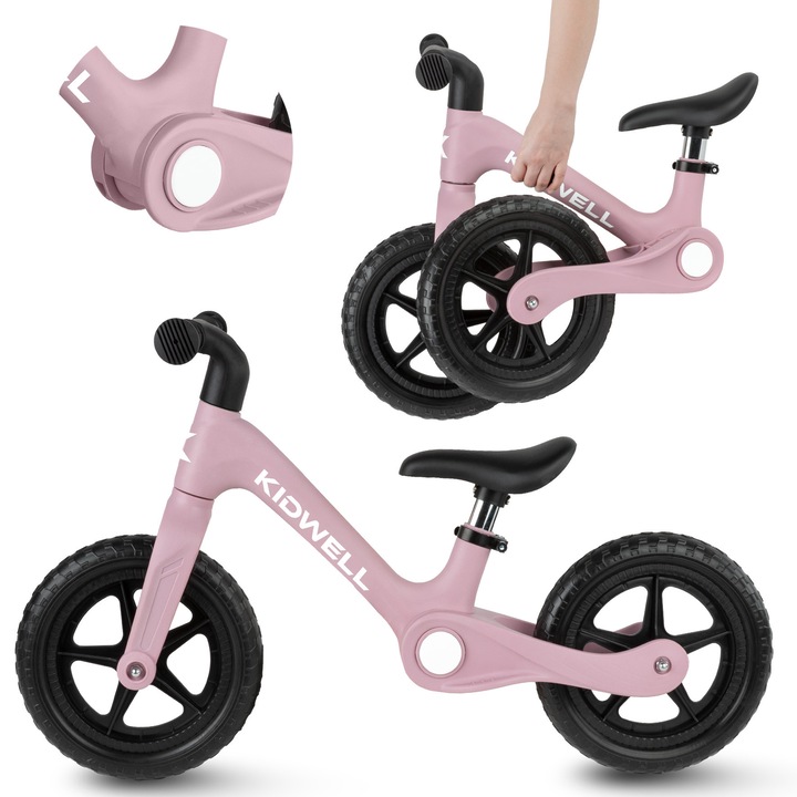 Bicicleta de echilibru fara pedale pentru copii, pliabila, Kidwell FLEX Pink, ultra usoara 2.9 kg, roti EVA 29 cm, reglabila, 80–120 cm, max. 30 kg