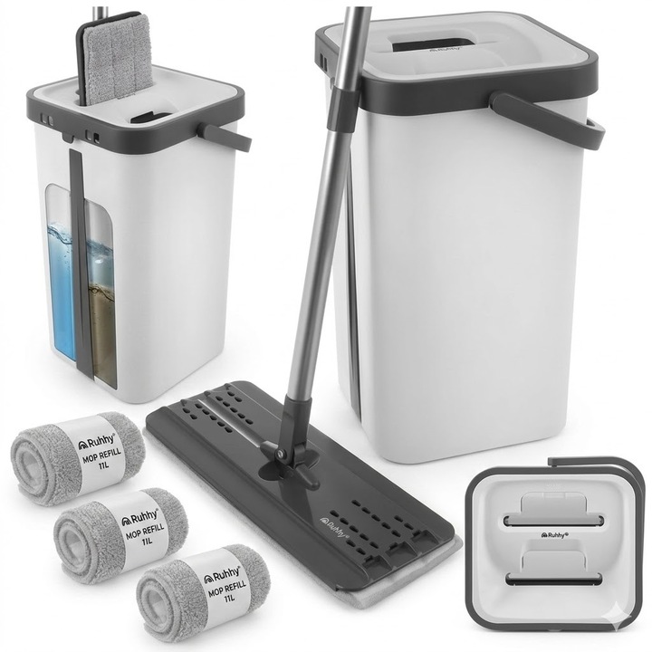 Mop plat cu galeata dubla Ruhhy, 11L, sistem separare apa curata si murdara, stoarcere fara maini, rotatie 360°, 3 rezerve incluse, 130 cm, inox si PP + TPE, Alb negru