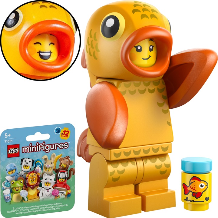 LEGO Minifigurák 28. sorozat figura - Állatok, aranyhal jelmez, részletes pikkelymintával, halétel tartó kiegészítővel, Sárga/Narancssárga, 1 db