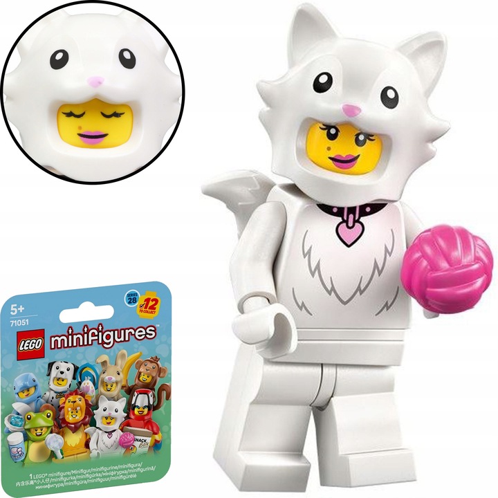 LEGO Minifigurák figura, 28. sorozat Állatok, gyűjthető, bolyhos macska jelmez rózsaszín fonalgombolyag kiegészítővel, fehér, 1 db