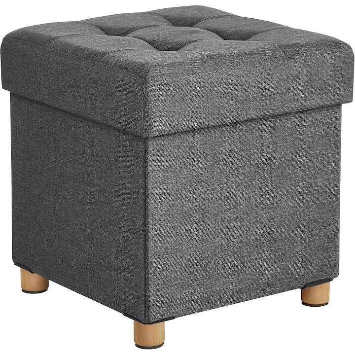 LEOBERT LSF14GYZ puff/ülőke, kárpitozott ülőfelülettel, 37 l tárolóhellyel, vászonhatású textil anyaggal, fa lábakkal, sötétszürke, 38 x 38 x 40 cm