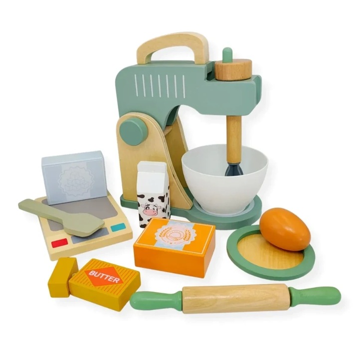 Blender de jucarie din lemn Kabi, mixer pentru copii, din lemn natural, cu element rotativ si set complet de accesorii, design scandinav, multicolor, 1 set