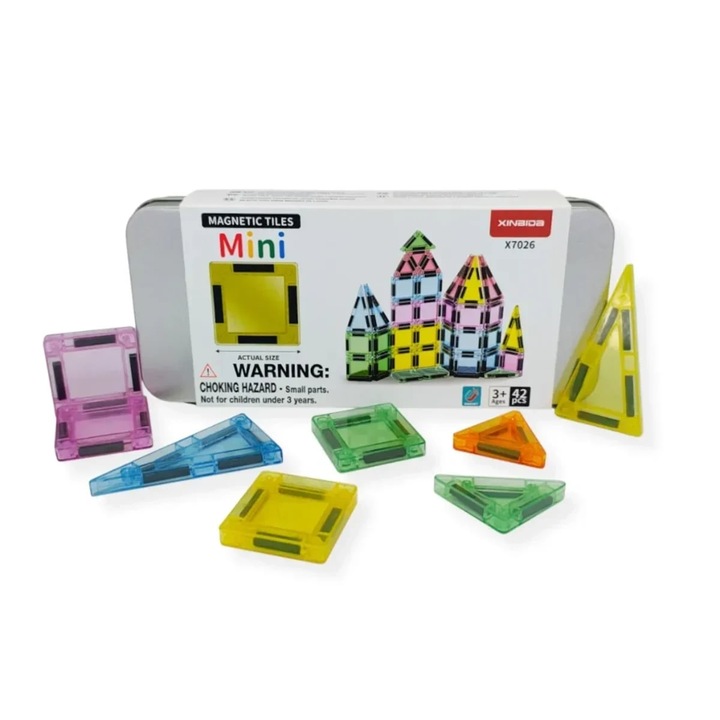 X-Bida Mini Mágneses Építőjáték készlet, átlátszó mini mágneses lapok, 6 pasztell szín, újrafelhasználható fém doboz, többszínű, 42 darab
