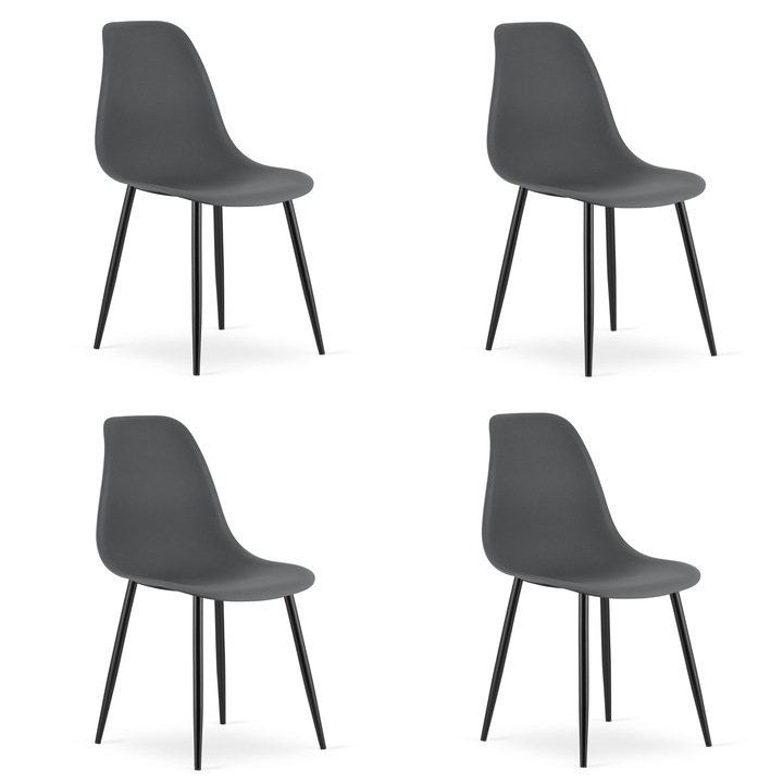 4 db LEOBERT WAT szék szett, modern skandináv design, polipropilén ülés, állítható fekete fém lábak, sötétszürke