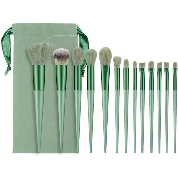 Set 13 pensule machiaj, Passionate®, Cu punga de depozitare, makeup profesional/ incepatori, ghid pentru machiaj, pensula sprancene, pensula iluminator, pensula pudra, pensule capete duble, verde