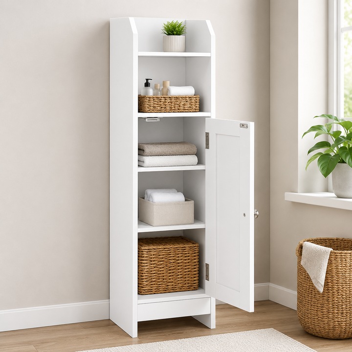 Dulap Baie Slim Hank Talis, Organizator Ingust cu Rafturi si Usa, Alb, 18 x 20 x 80 cm