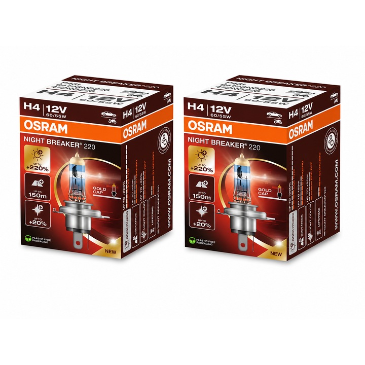Пакет 2 халогенни крушки H4 OSRAM Night Breaker 220, 12V, 60/55W, +220% яркост