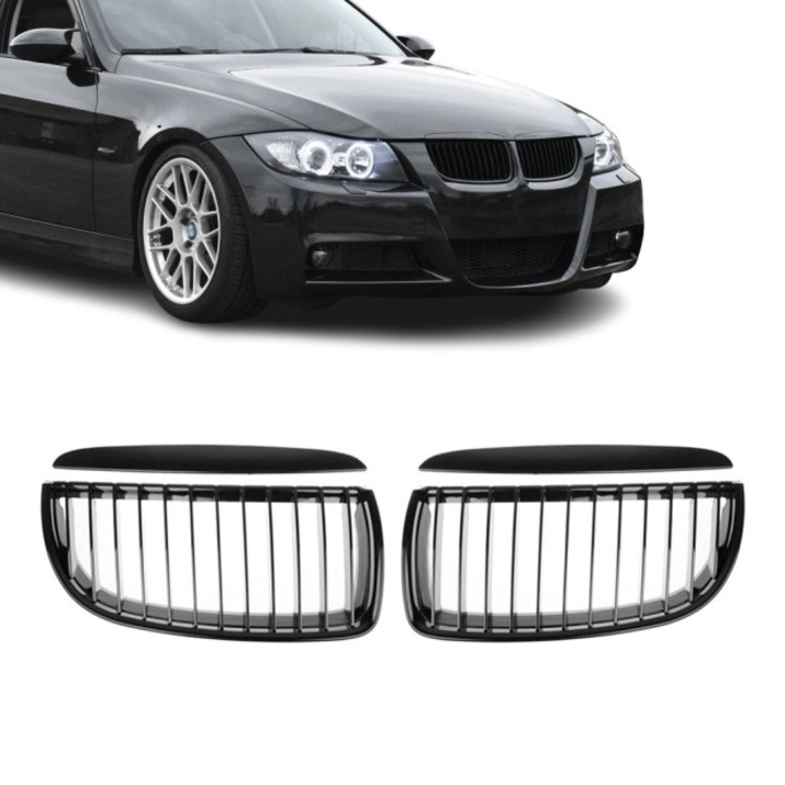 Grile Simple Bara Fata Nari Grila BMW Seria 3 E90 E91, 2005-2008 Pre-lci Non-facelift, Negru Lucios, Piano Black