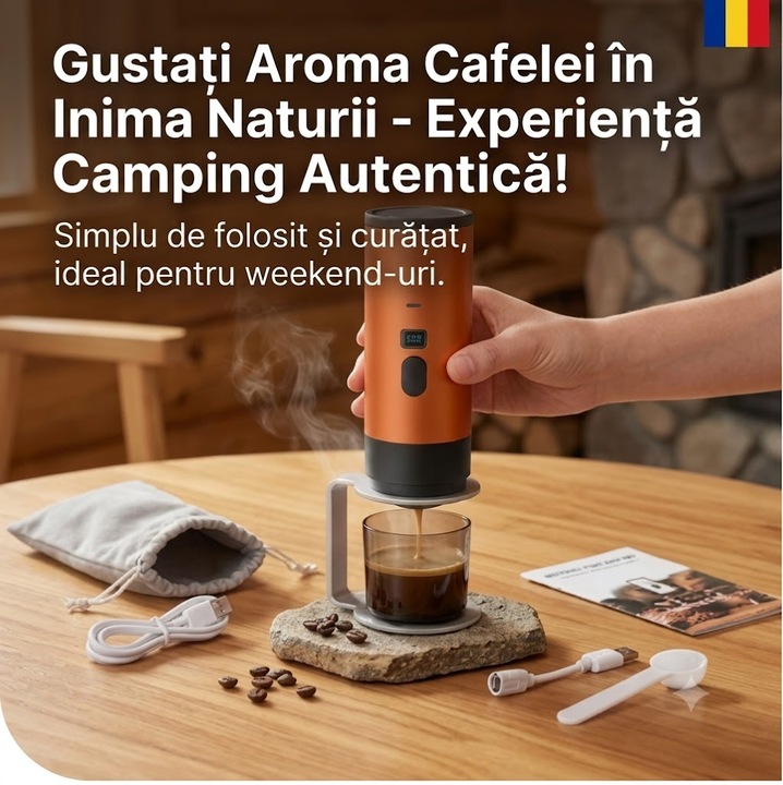 Aparat de cafea portabil XLY, espressor 2-in-1 compatibil cu cafea macinata si capsule, presiune 15 bari, baterie 7800 mAh, preincalzire integrata, portocaliu