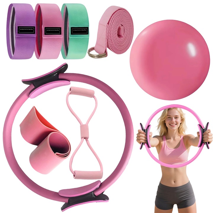 Juksun Pilates edzőkészlet, 8 tartozék, kopásálló környezetbarát TPE, tartalmaz 38 cm-es Pilates gyűrűt, 25 cm-es jógagolyót, 8-as alakú szalagot és 4 rugalmas szalagot, tárolótáskát, rózsaszín, 1 szett
