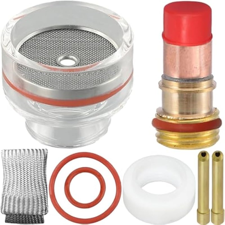 TIG WP-17/18/26 hegesztőpisztoly tartozékkészlet, átlátszó üveg kupak diffúzorral, gázlencse a stabilizáláshoz, ékpatron és 2 db 2.4 mm-es patron, gumi tömítőgyűrűk és szilikon gyűrű, Többszínű, 1 szett