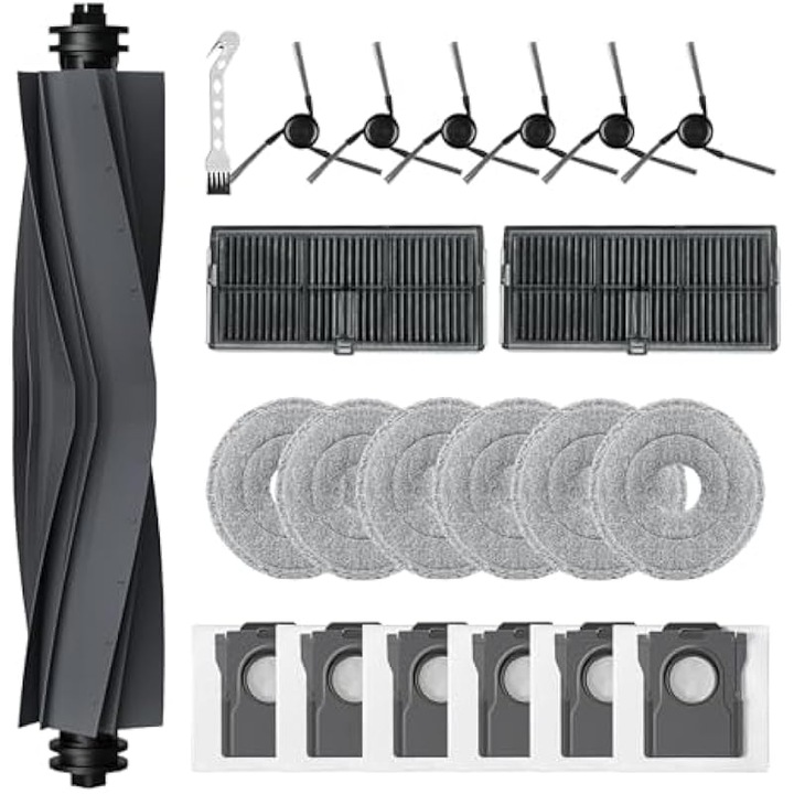 Set accesorii/kit pentru aspirator compatibil Dreame L10s Ultra Gen 3/X40 Ultra/L40 Ultra/X40 Master/MOVA P50 Pro Ultra, perie principala ABS, 6 perii laterale, 6 saci de praf 4-strat, 2 filtre HEPA lavabile, 6 lavete microfibra, Negru/Gri, 22 piese