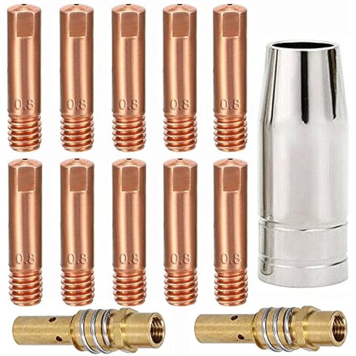 Készlet 13 darab, fogyóeszközök MIG MB15/AK15 hegesztéshez, réz érintkezőhegyek 0.8mm (0.030''), kúpos réz/sárgaréz fúvóka, diffúzor tartó, Többszínű