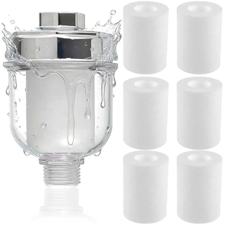 Filtru pentru dus, filtru anti-calcar cu 6 cartuse de schimb, pentru apa dura, transparent, set 1 filtru + 6 cartuse