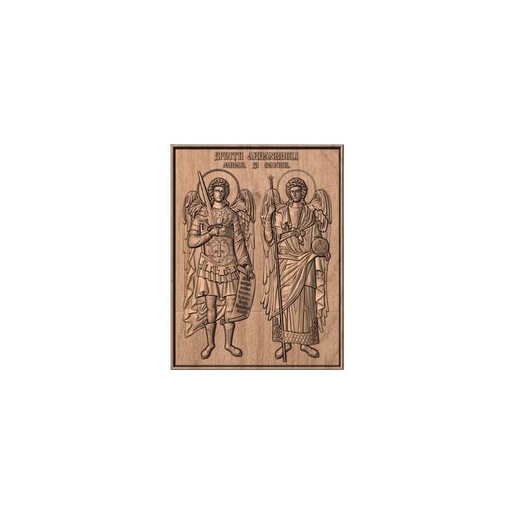 Tölgyfába faragott ikon – Szent Mihály és Gábriel főangyalok – 30 x 23 cm