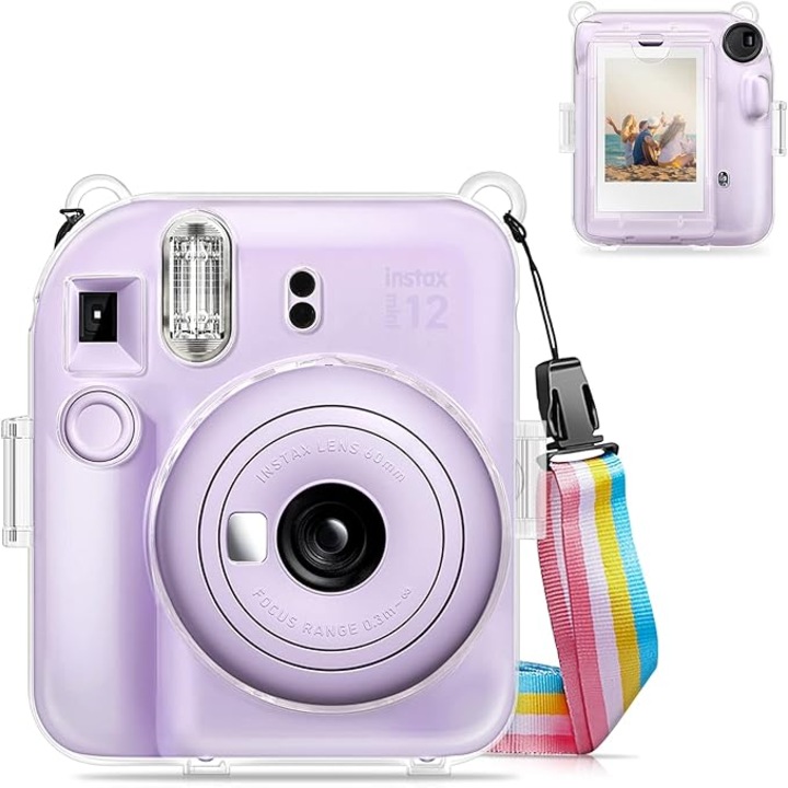 Tinalenne fényképezőgép védőtok, kompatibilis a Fujifilm Instax Mini 12-vel, kemény PVC kristálytiszta, 10 kép filmes zseb, levehető állítható vállpánt
