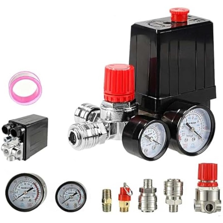 Comutator de presiune si regulator pentru compresor aer, 220V, reglabil 90-120 PSI (0.05-1.2 MPa), filet supapa G1/4, 15 A, debit 3000 L/min, cu manometre si supapa de siguranta, Negru/rosu