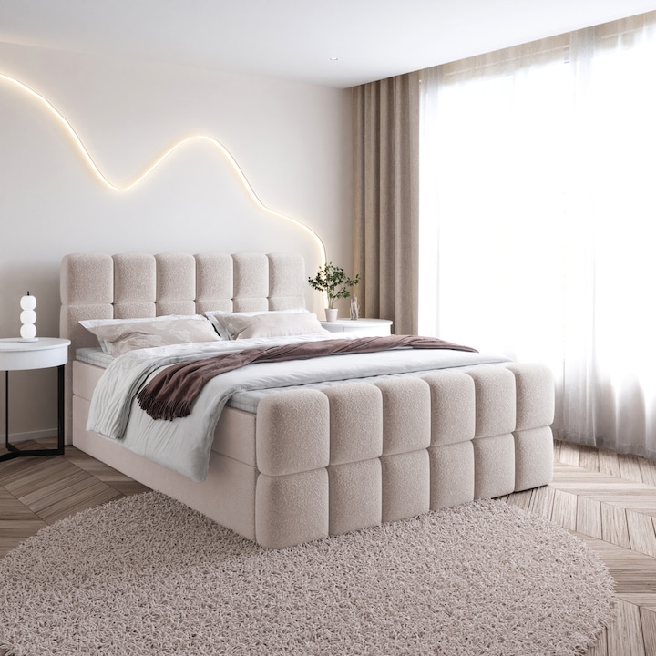 SELA boxspring ágy tároló fiókokkal - franciaágy, tárolóhely, hálószoba, kárpitozott ágy (120x200, Bézs - Fredo 10, T25 fedőmatrac)