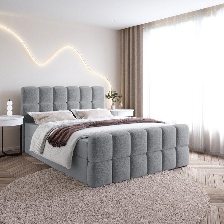 Pat boxspring SELA cu lazi de depozitare - pat dublu, spatiu de depozitare, dormitor, pat tapitat (180x200, Gri - Fredo 35, fara topper)