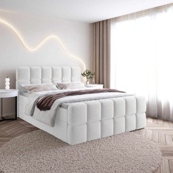 Pat boxspring SELA cu lazi de depozitare - pat dublu, spatiu de depozitare, dormitor, pat tapitat (180x200, Alb - Fredo 25, Saltea topper T25)
