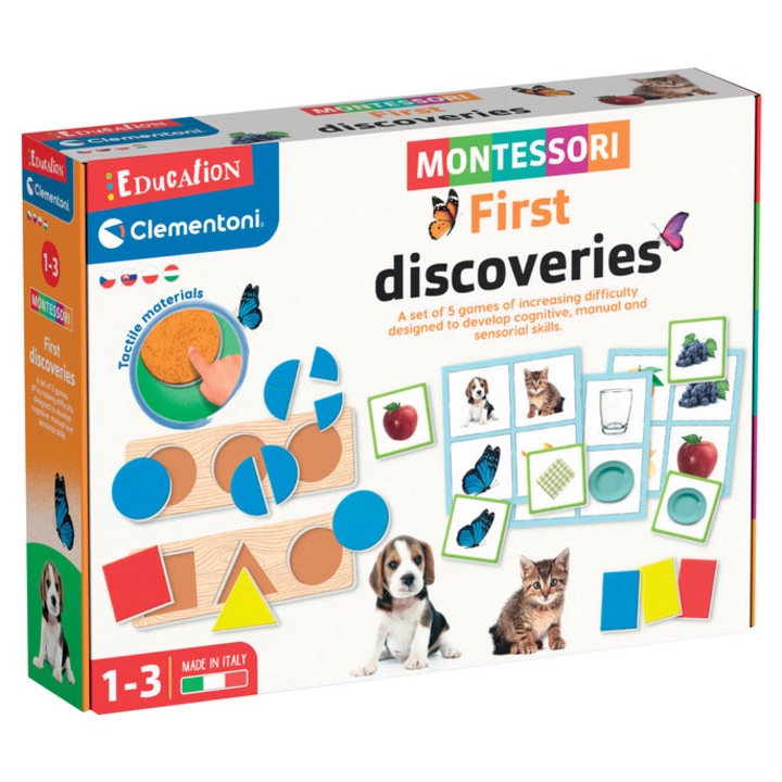 Комплект игри за откриватели, Clementoni, Montessori, 6 картонени плочки, 6 тактилни плочки, цветни, за деца от 1 година